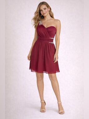 City Studio Burgundy One-Shoulder Cocktail Dress with Rhinestone Strap